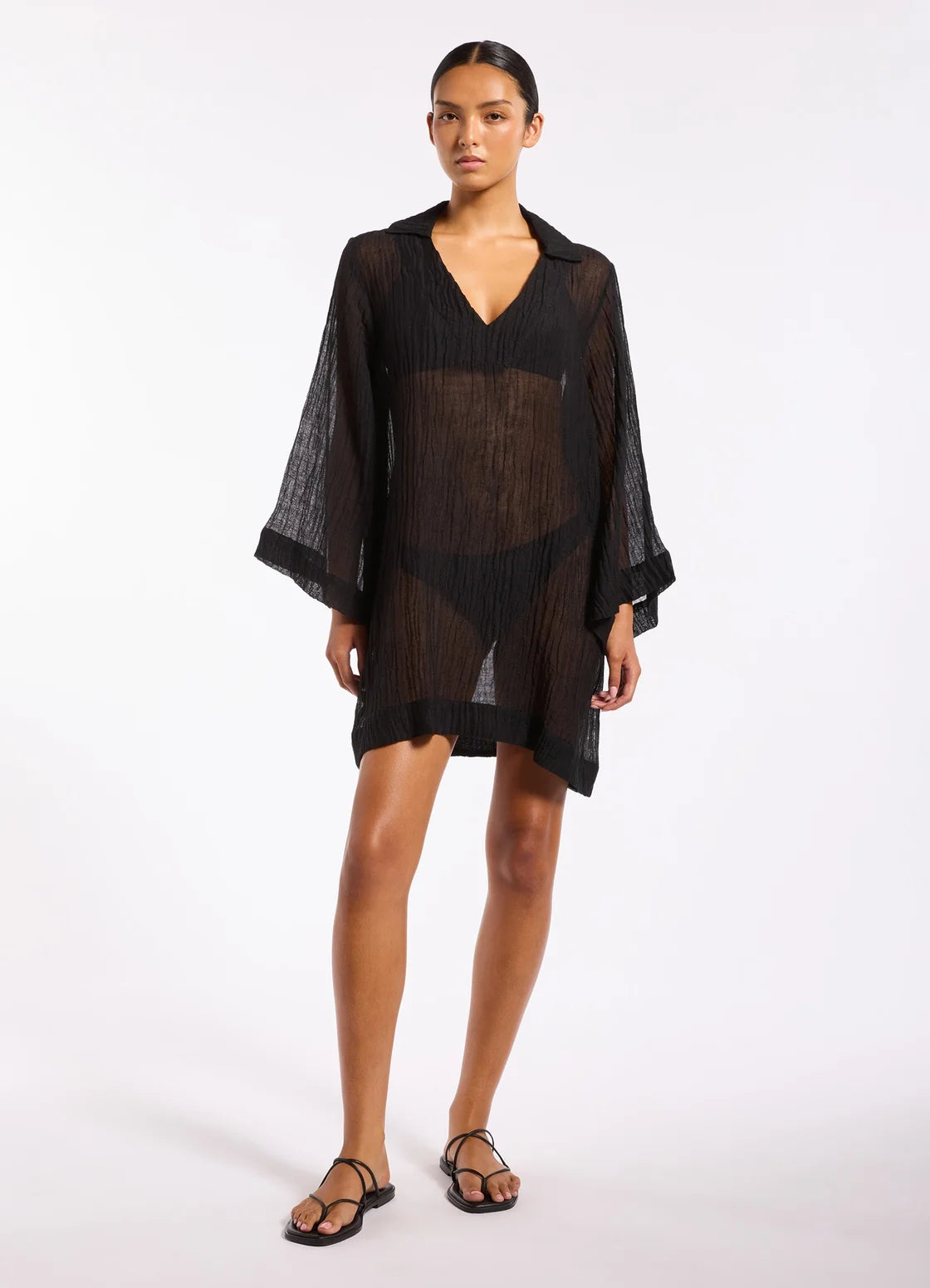 Jets Swim Wave Gauze Sheer Mini Cover Up Tunic