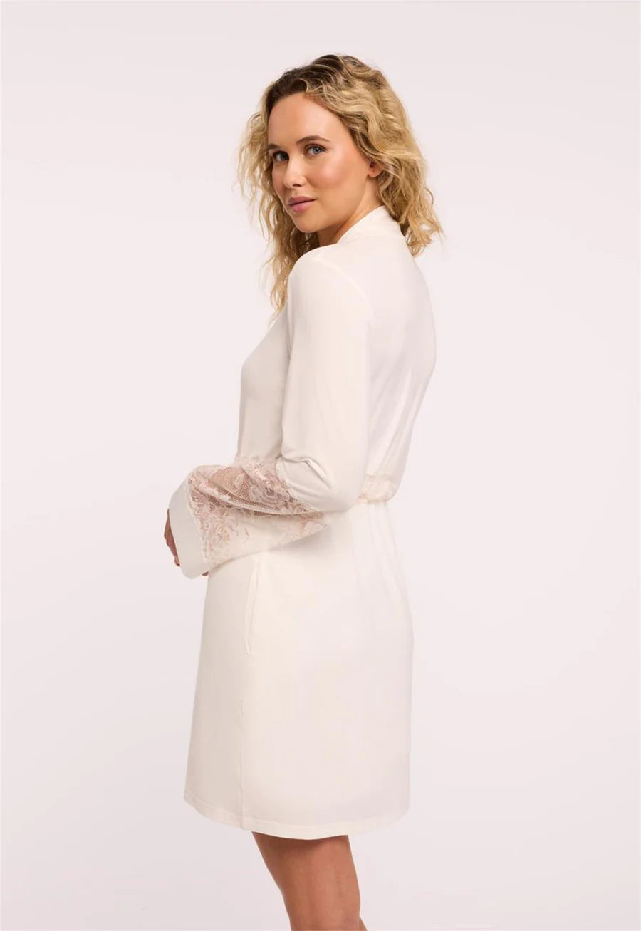 Two-tone lace kimono robe with satin sleeves and pockets