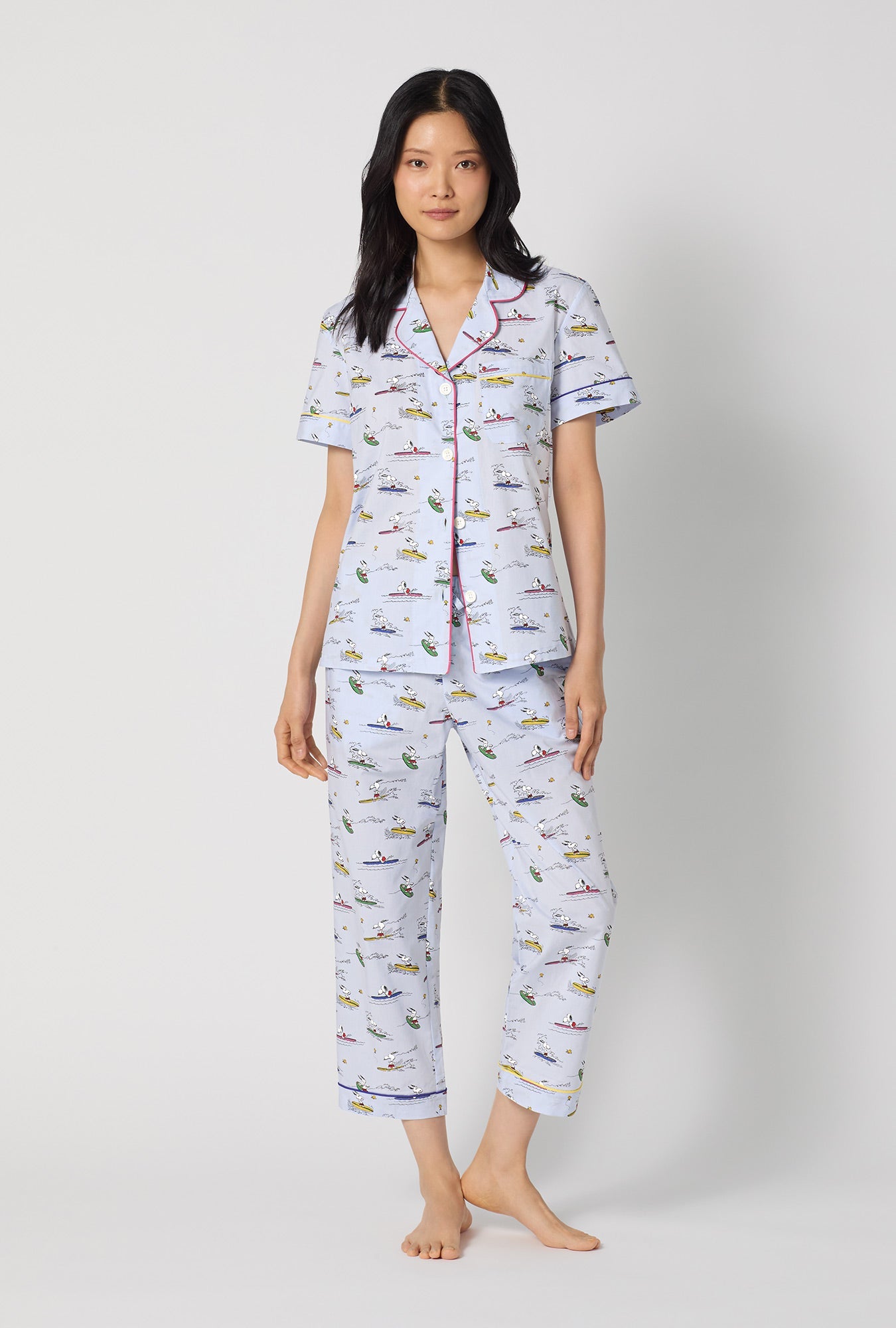 Bed Head Catch A Wave Snoopy S/S Classic Woven Cotton Poplin Cropped PJ Set