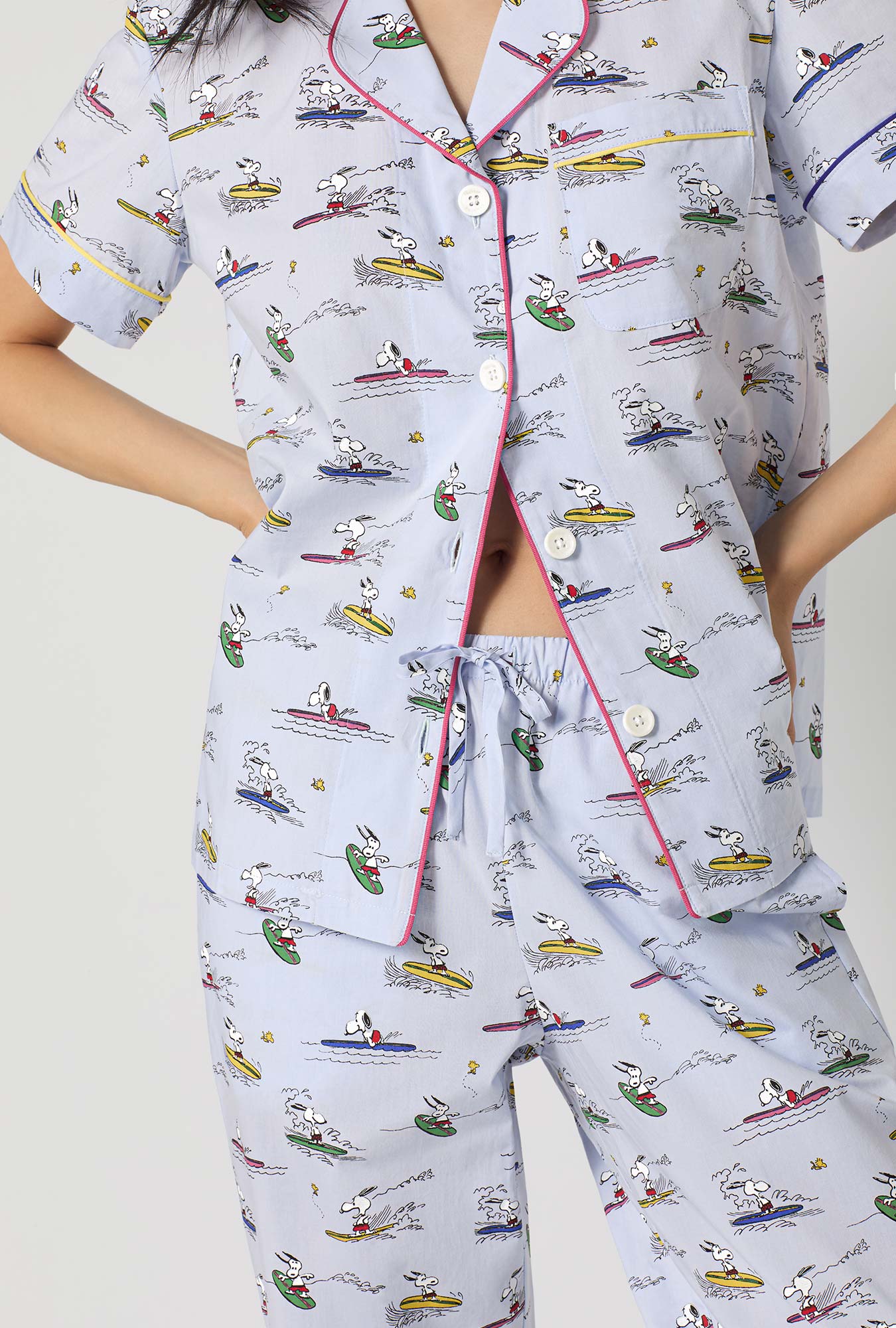 Bed Head Catch A Wave Snoopy S/S Classic Woven Cotton Poplin Cropped PJ Set