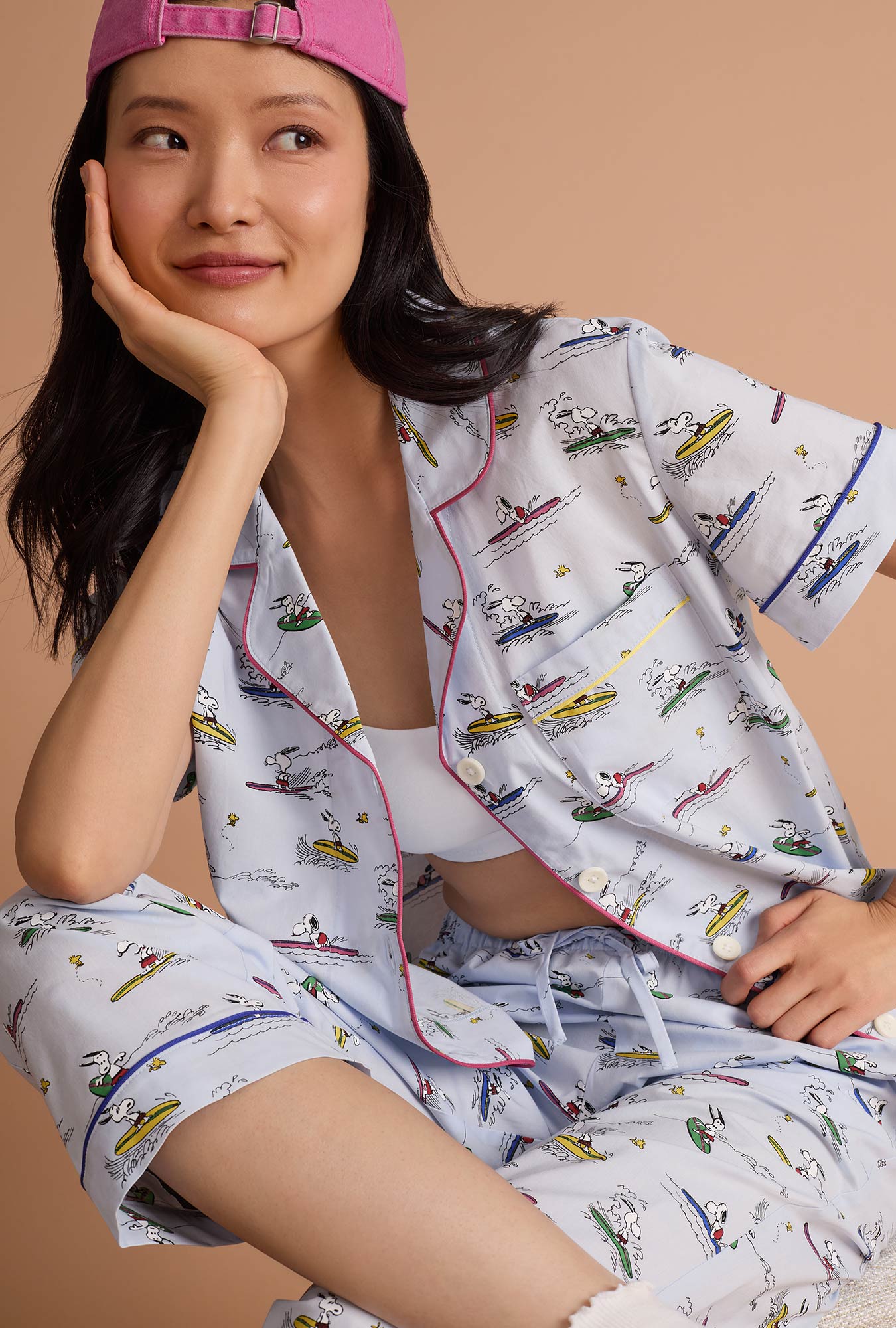 Bed Head Catch A Wave Snoopy S/S Classic Woven Cotton Poplin Cropped PJ Set