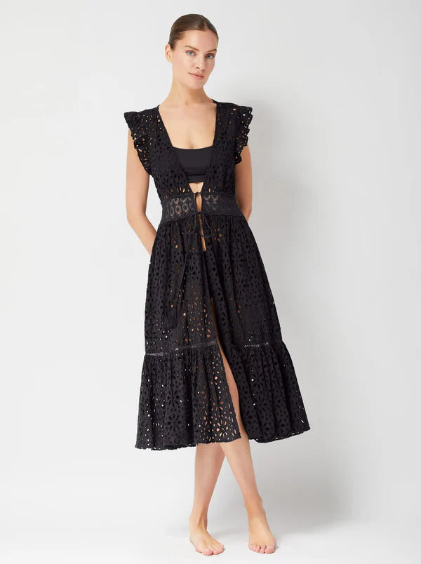 Embroidered cotton eyelet beach coverup with ruffle sleeves