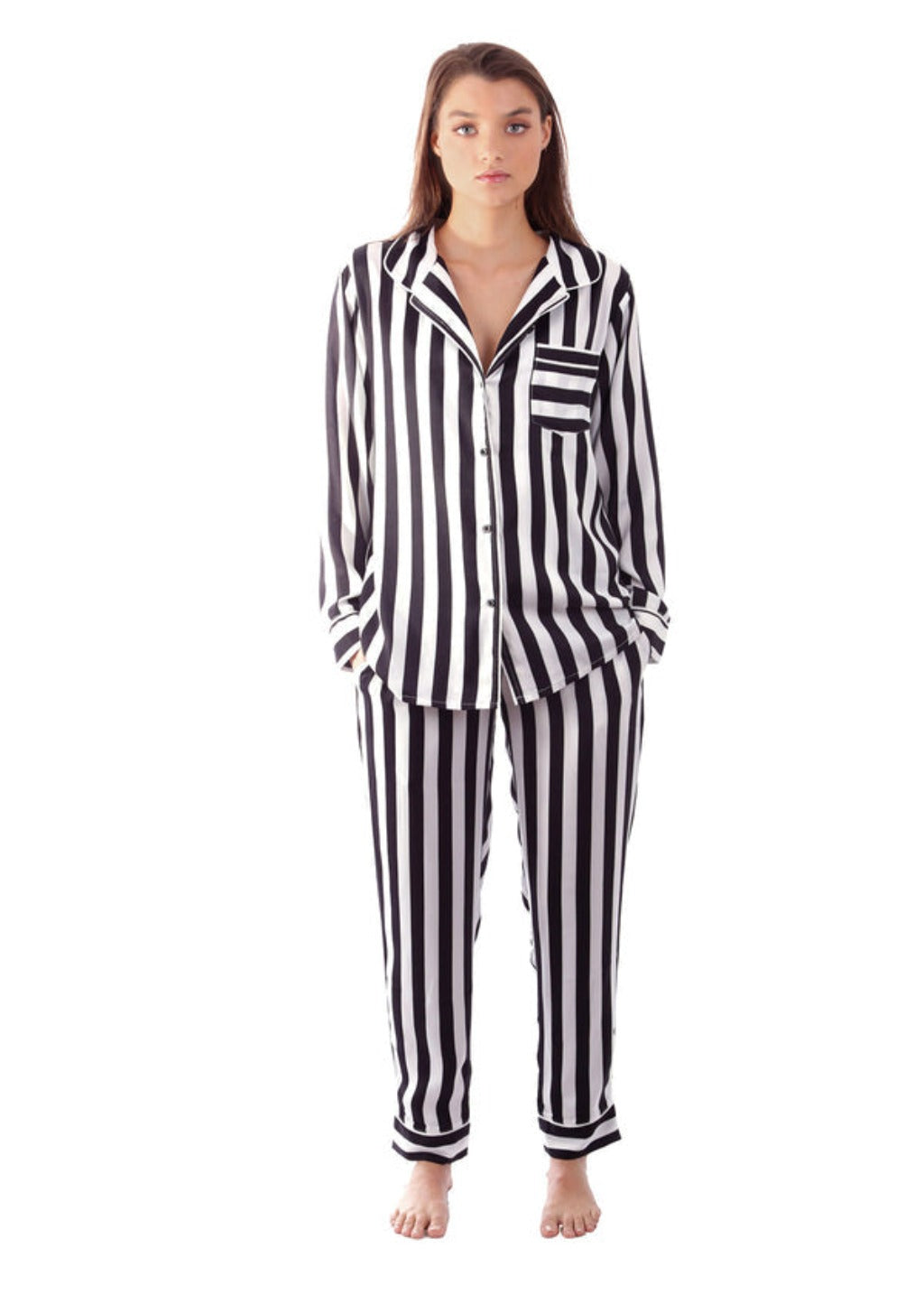 Plush Silky Striped Pajama Set XS Black