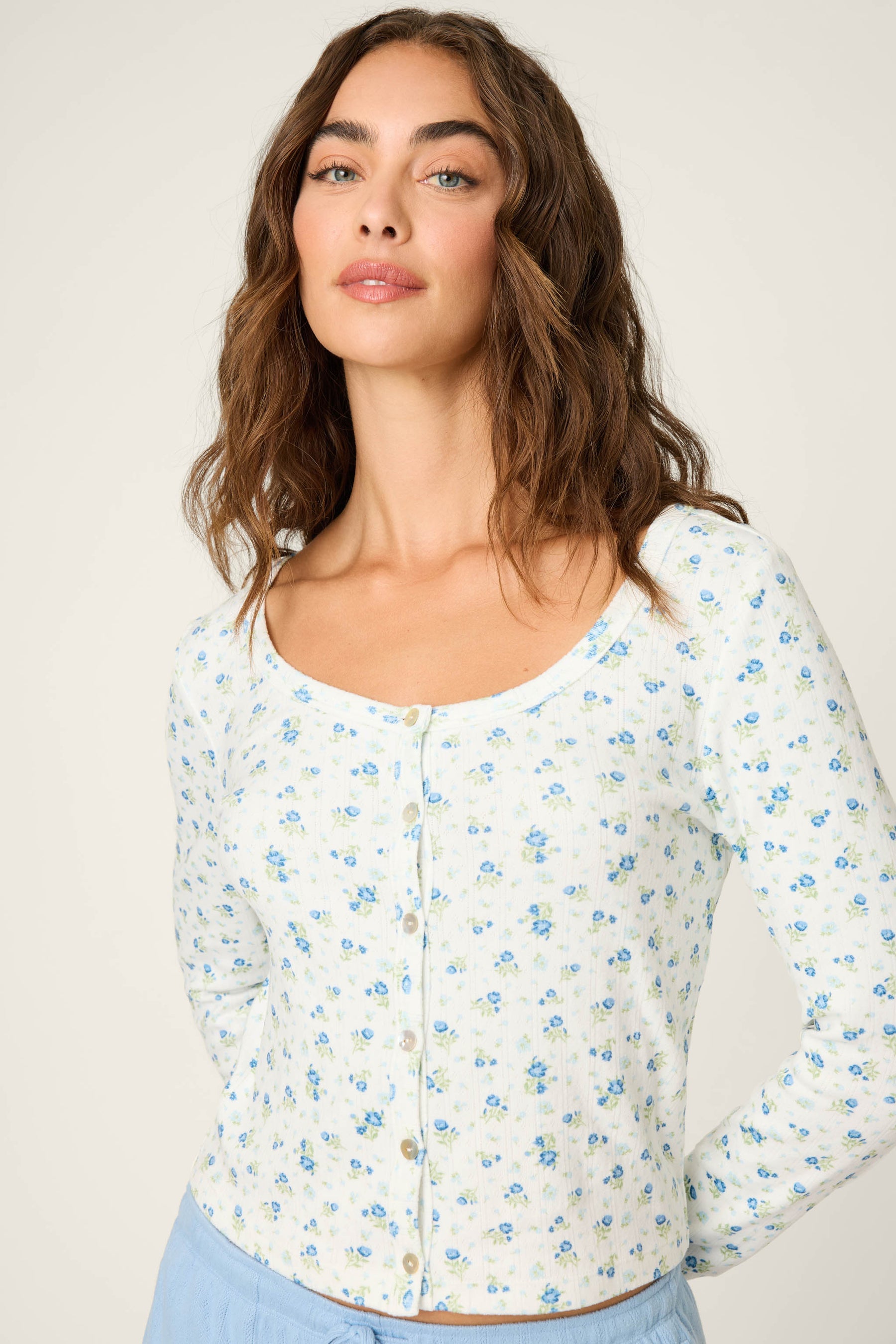 P.J. Salvage More Amour Ditsy Floral Long Sleeve Pointelle Top