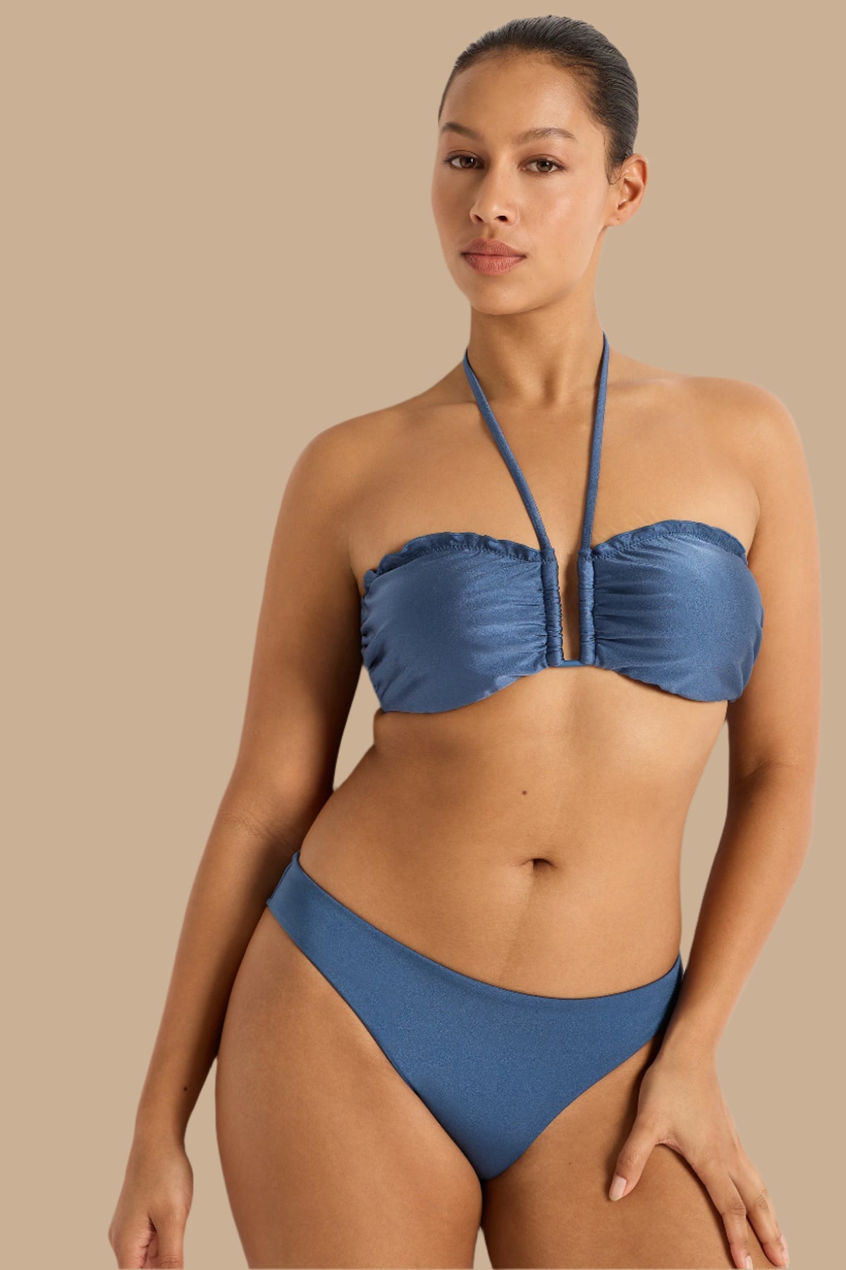 Monte & Lou Lustre Mid Rise Ruched Bikini Bottom