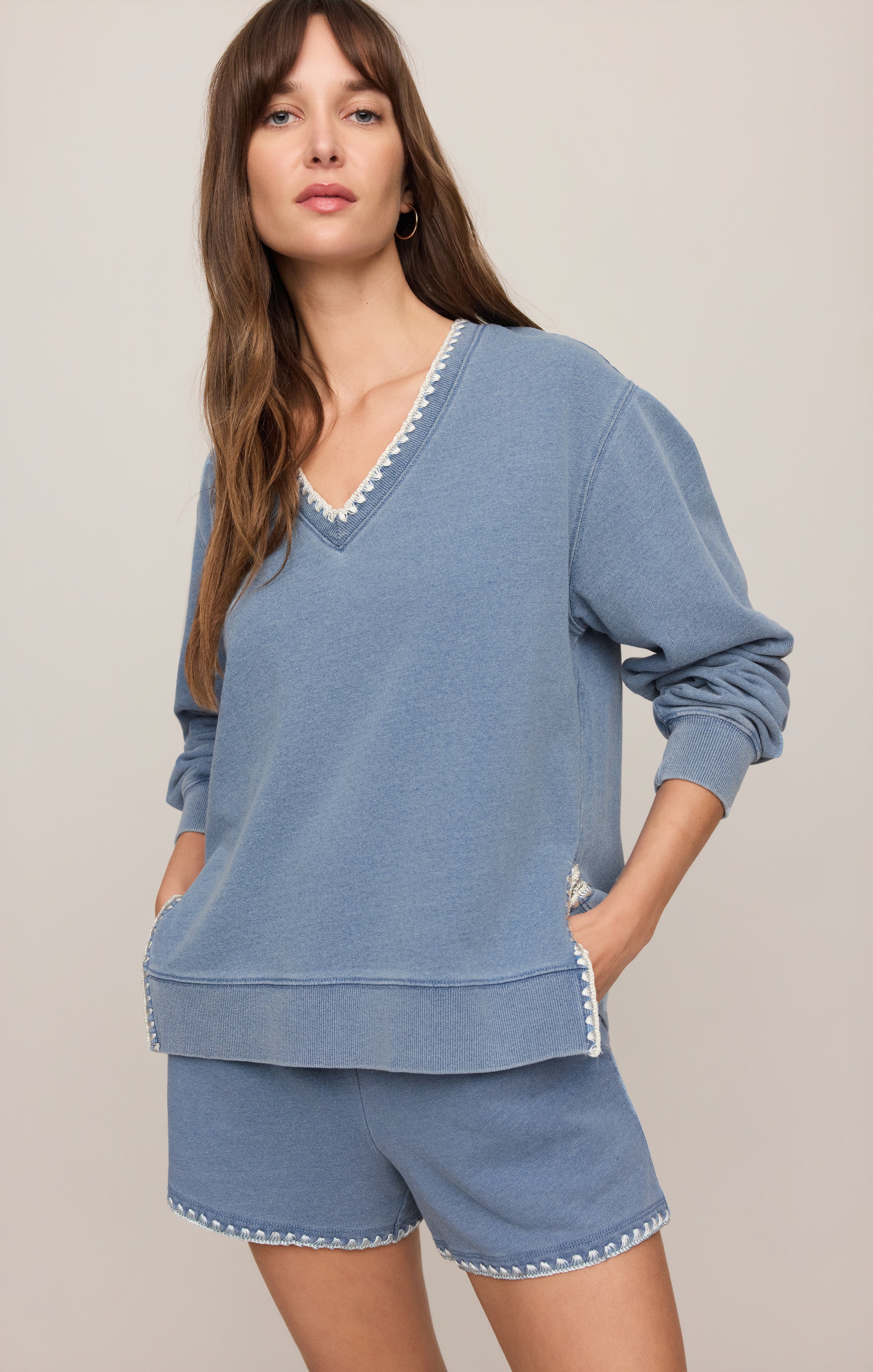 Z Supply Cam Knit Denim Whipstitch L/S Top