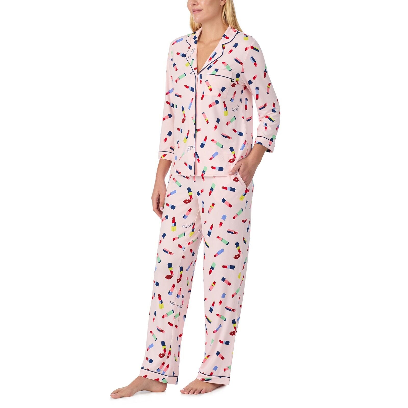 Kate Spade Brushed Jersey 3/4/S Notch Long PJ Set