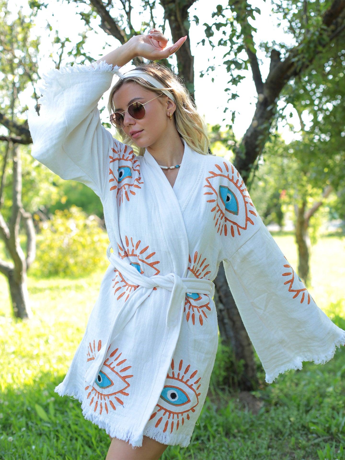 Moa Retro Evil Eye Short Kaftan Kimono Robe