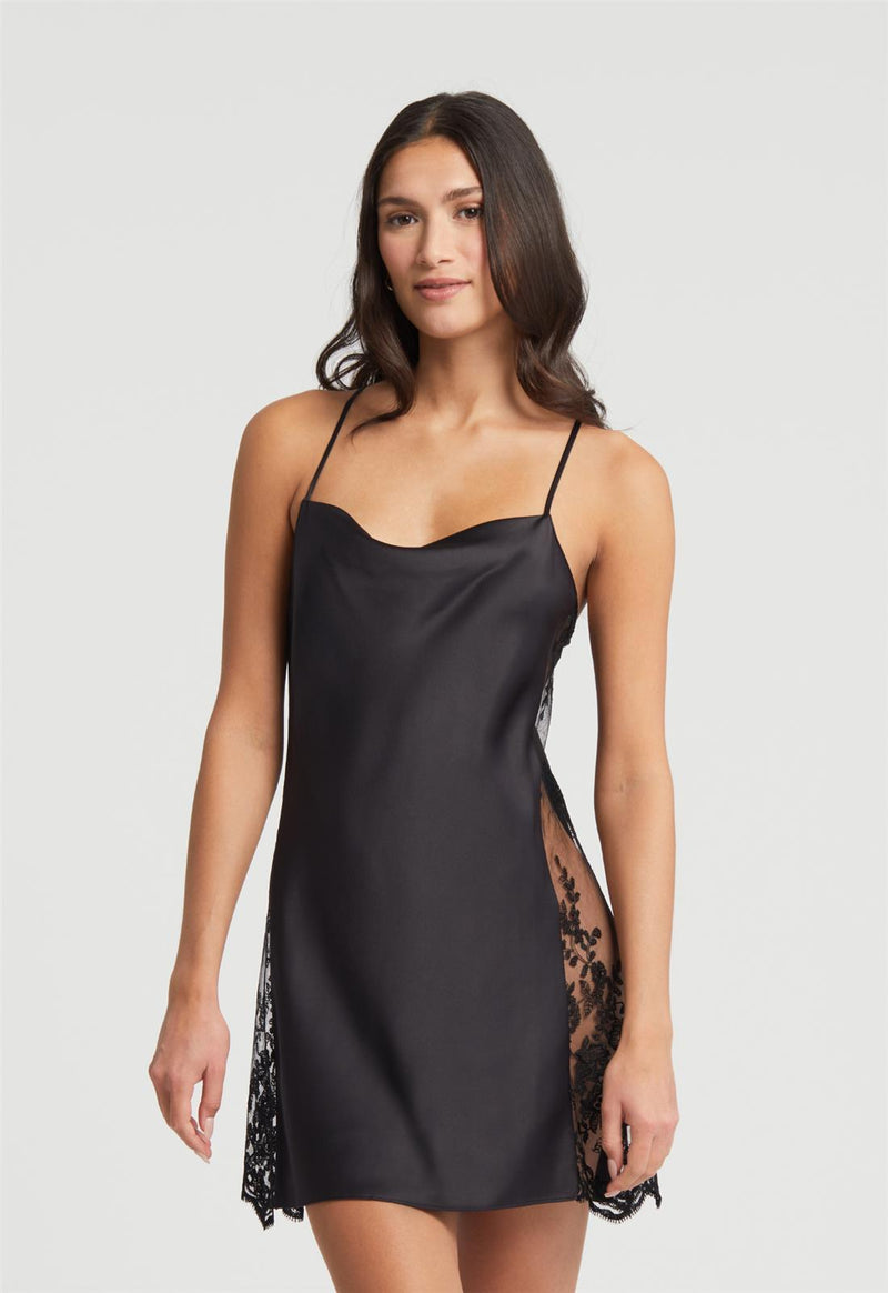 Black chemise with delicate lace panels along the sides