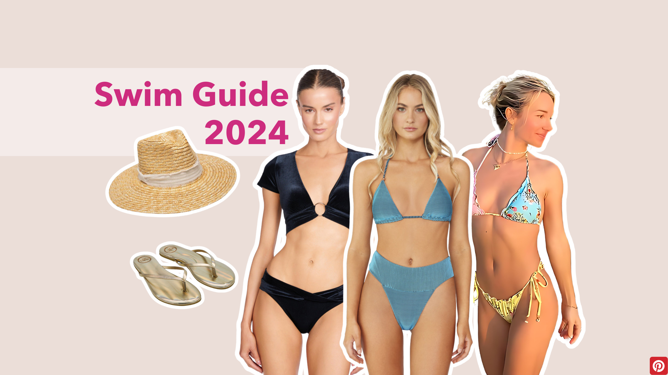 Models displaying swim trends for 2024 along with some beach accessories.