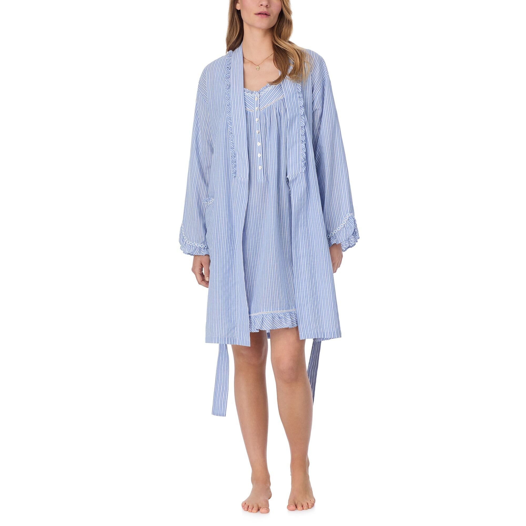Eileen West 38" Iconic Blue Stripe Cotton Dobby Yarndye Wrap Robe