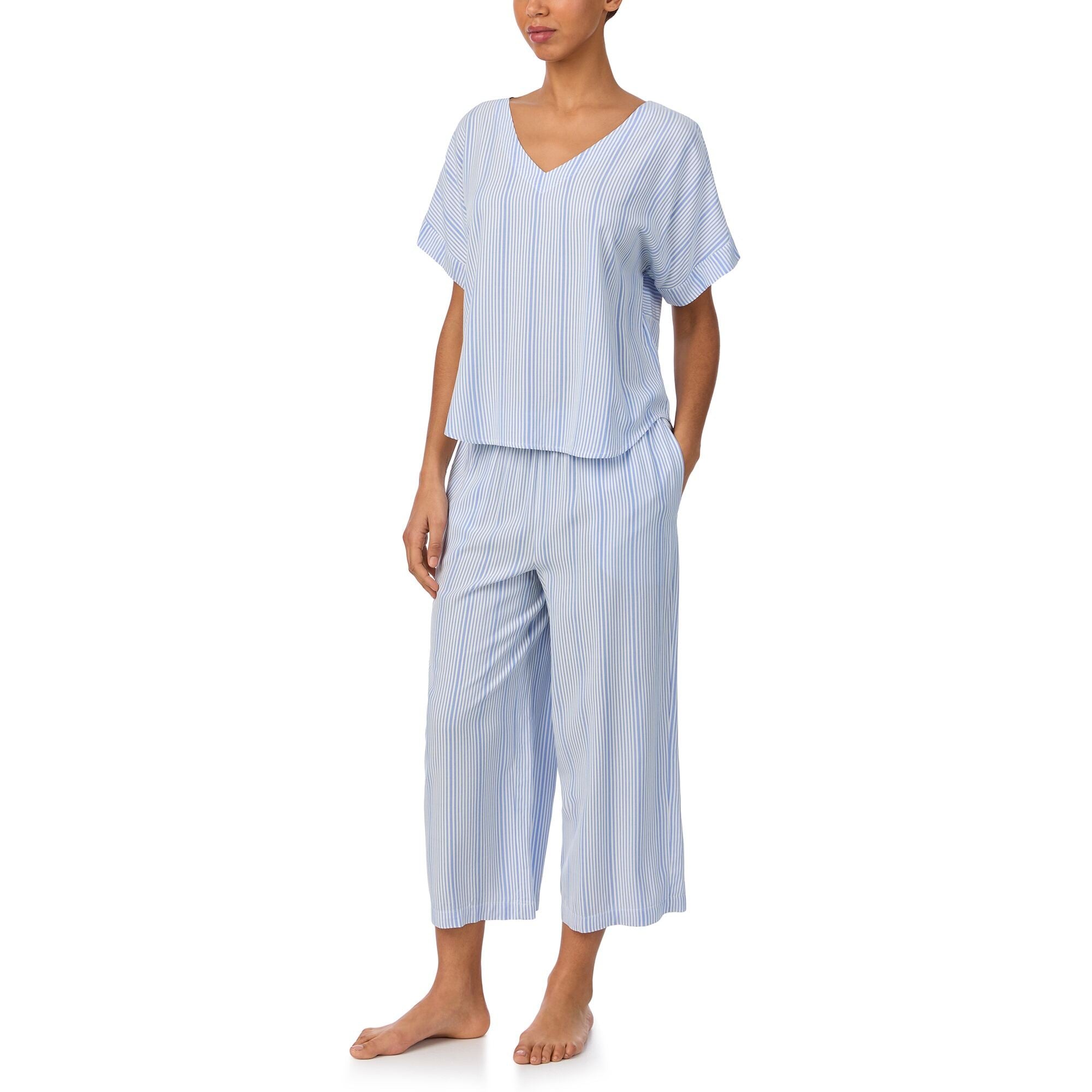Donna Karan Sleep Short Sleeve Striped V Neck Woven Cropped Pajama Set