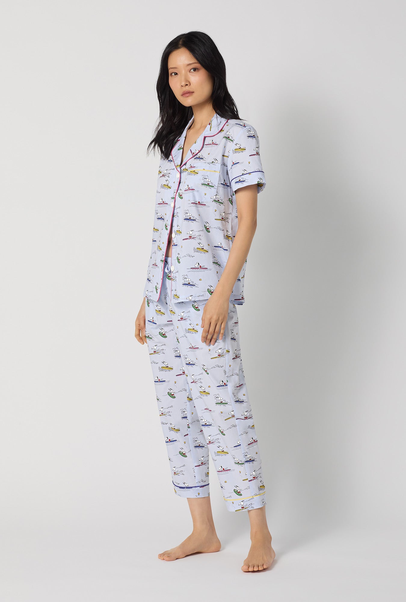 Bed Head Catch A Wave Snoopy S/S Classic Woven Cotton Poplin Cropped PJ Set