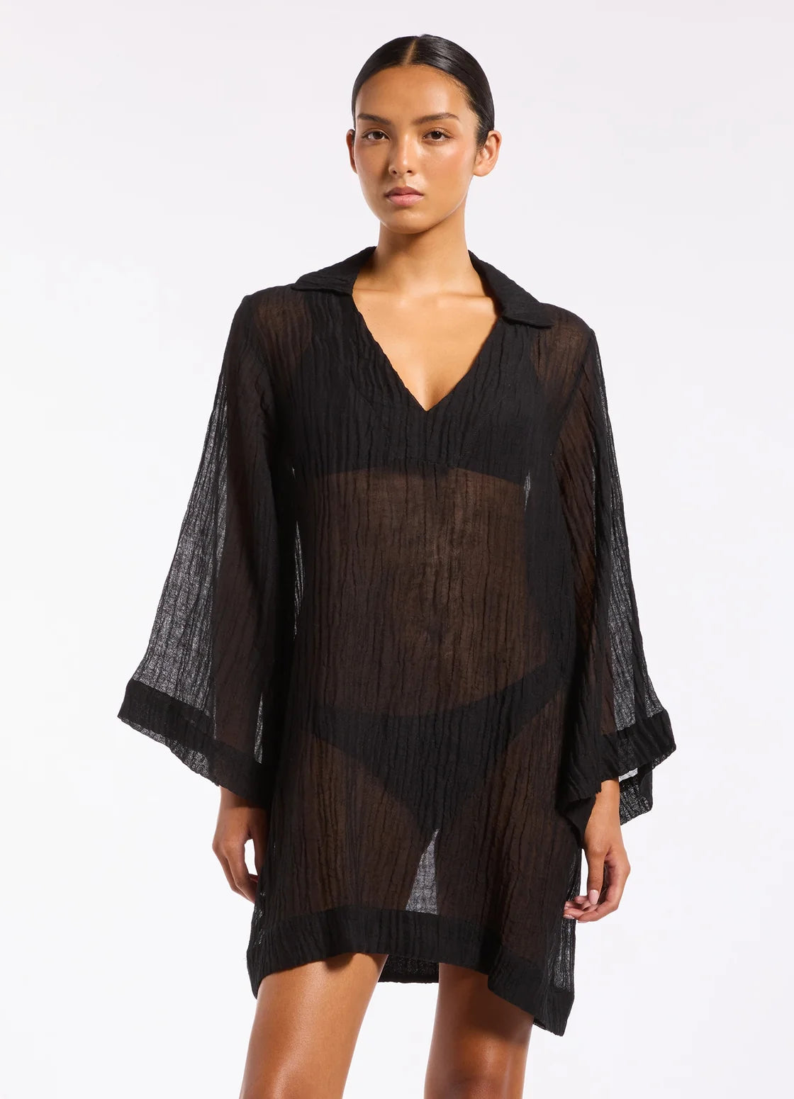 Jets Swim Wave Gauze Sheer Mini Cover Up Tunic