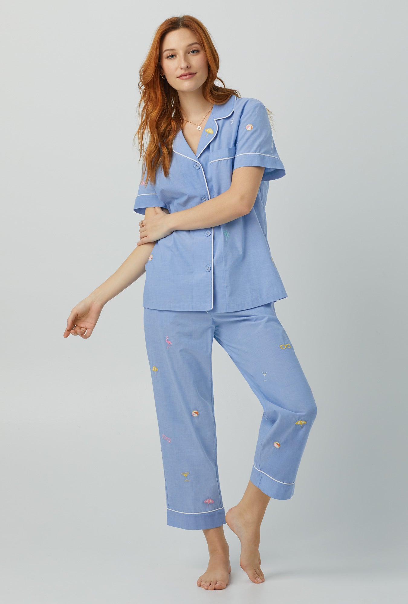 Bed Head Chambray S/S Classic Woven Cotton Poplin Cropped PJ Set