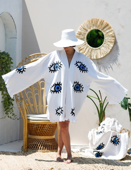 Moa Blue Evil Eye Short Kimono