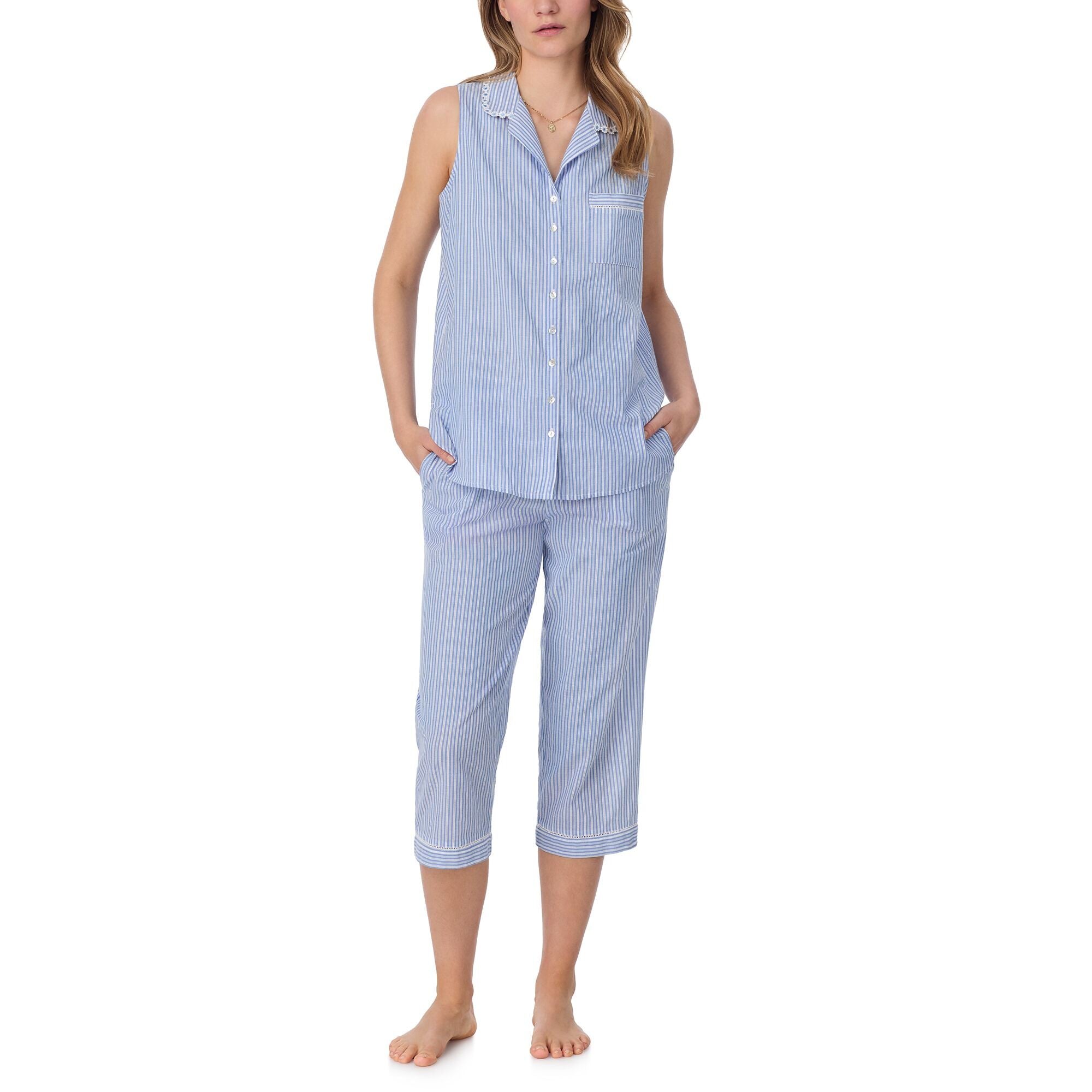 Eileen West S/L Notch Collar Dobby Striped Capri PJ