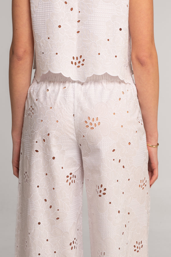 Broderie anglaise cotton wide leg pants