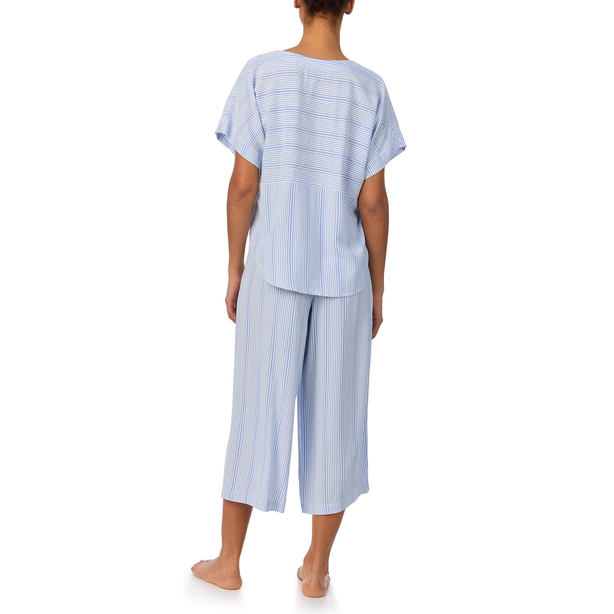 Donna Karan Sleep Short Sleeve Striped V Neck Woven Cropped Pajama Set