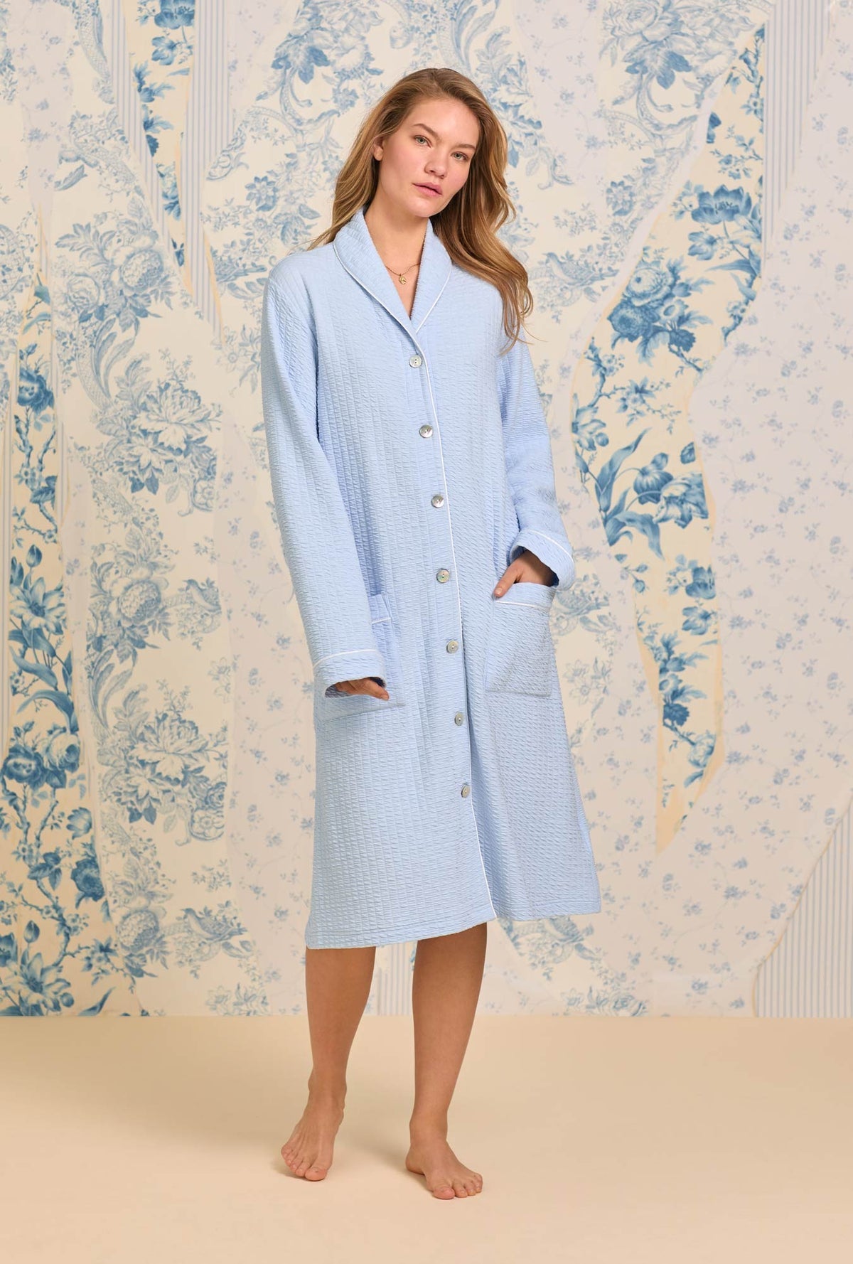 Eileen West 42" Silky Cotton Waffle Knit Waltz Button Robe