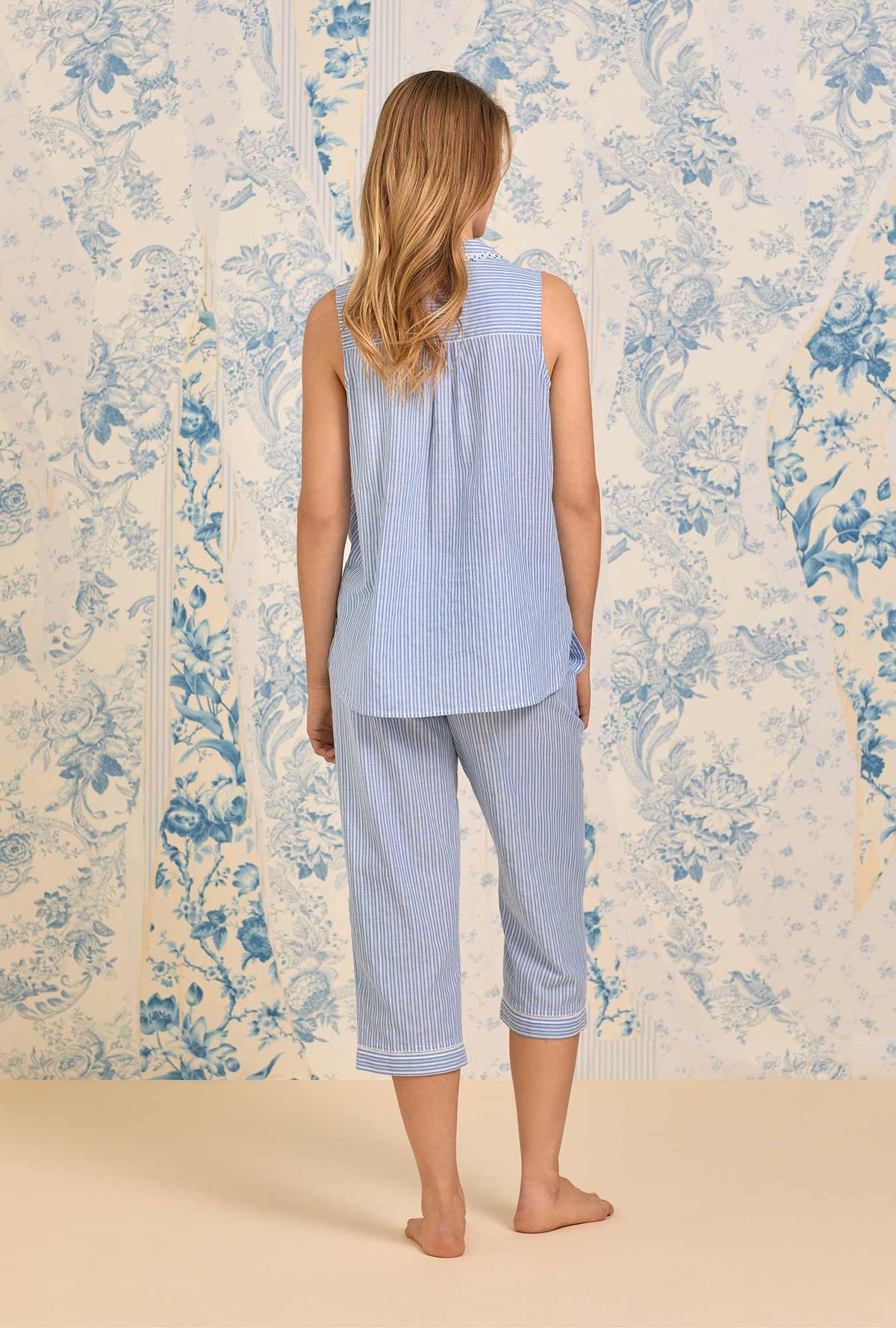Eileen West S/L Notch Collar Dobby Striped Capri PJ