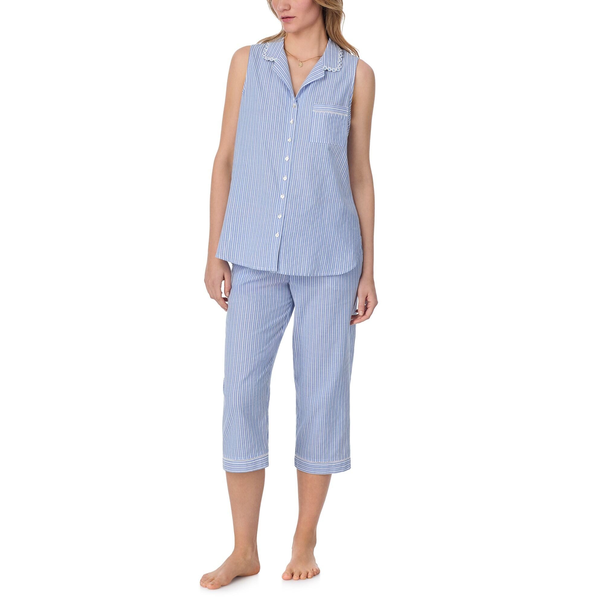 Eileen West S/L Notch Collar Dobby Striped Capri PJ