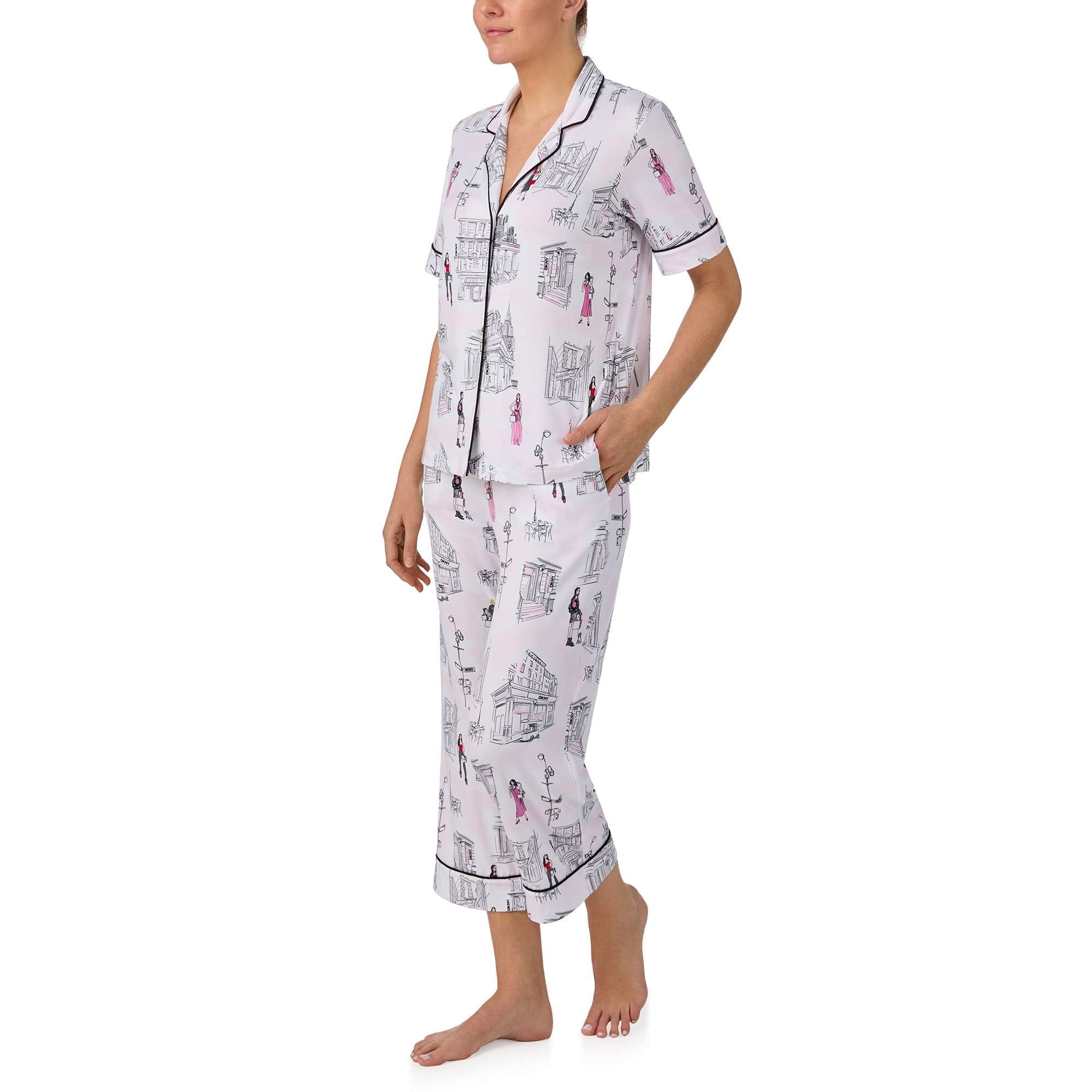 Donna Karan Sleep Soho Streets S/S Notch Top & Crop PJ Set