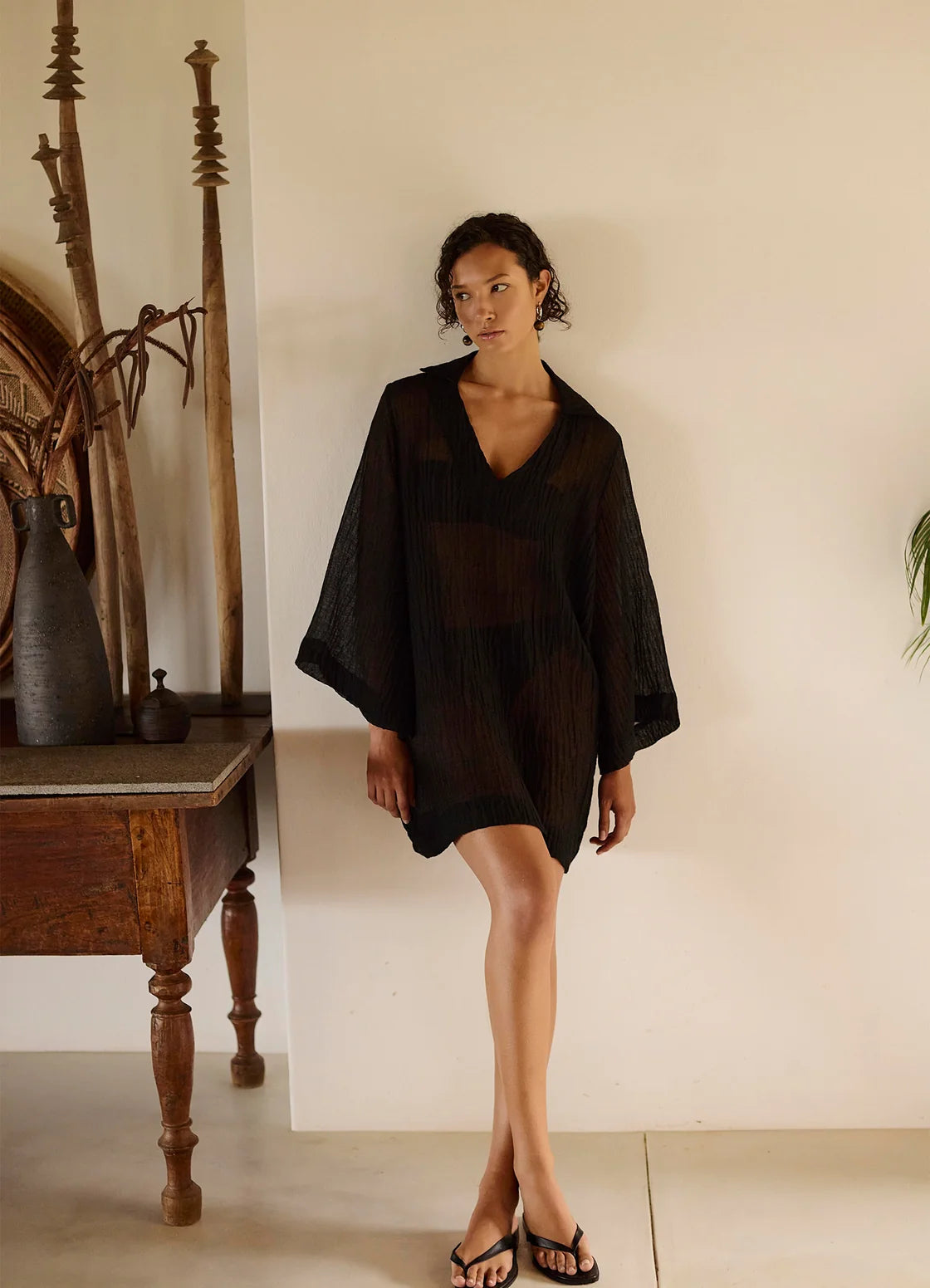 Jets Swim Wave Gauze Sheer Mini Cover Up Tunic