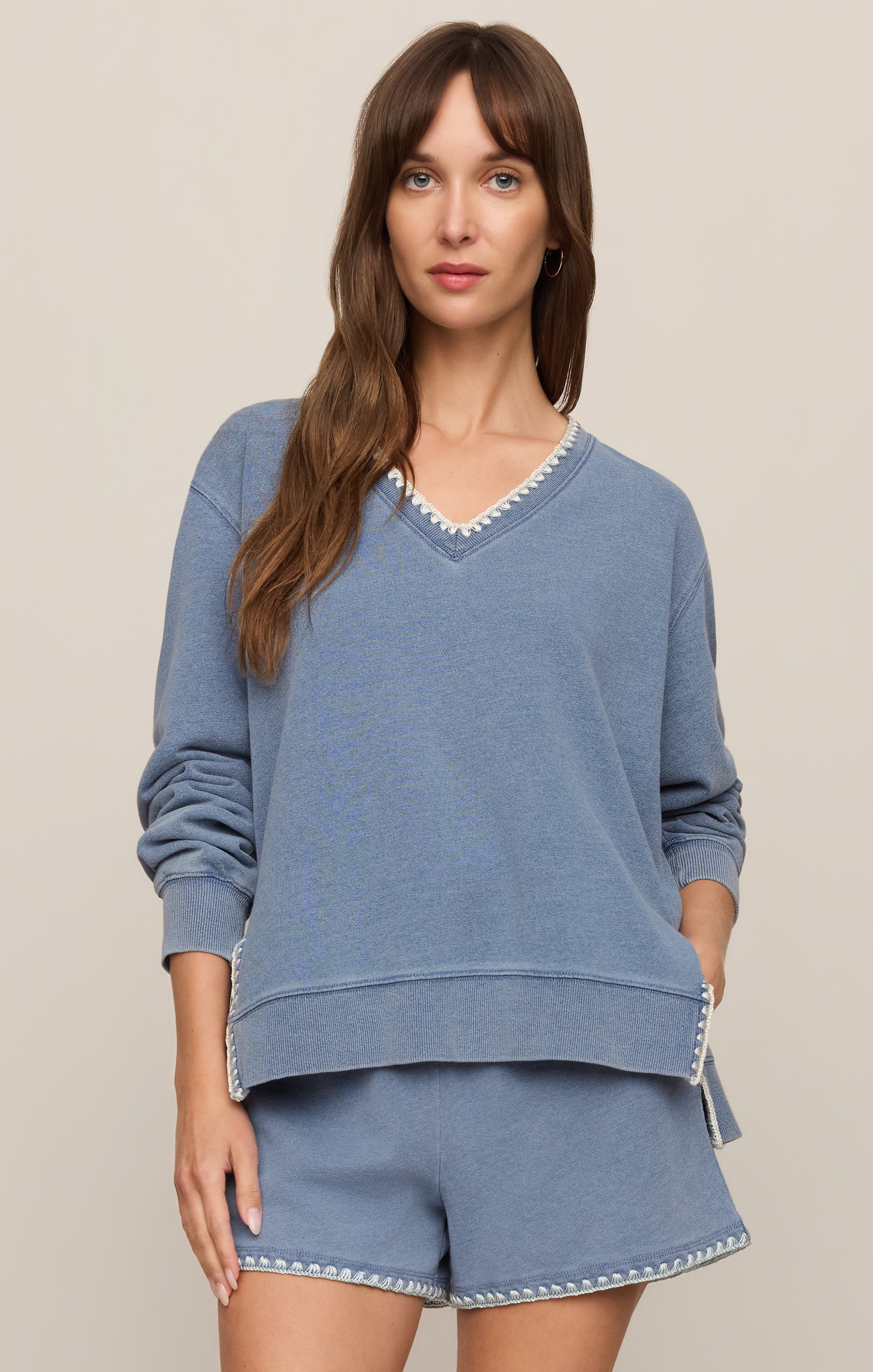 Z Supply Cam Knit Denim Whipstitch L/S Top