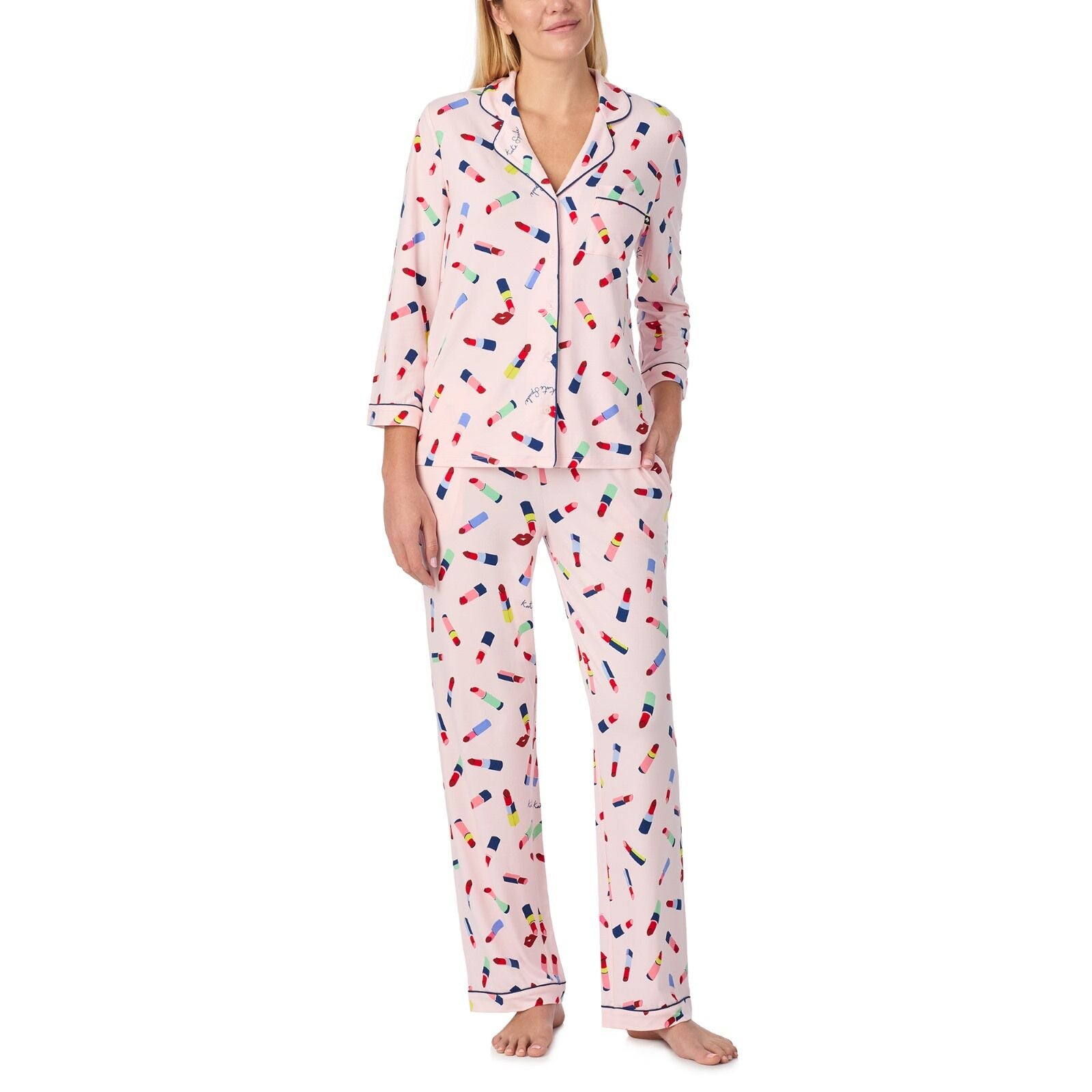 Kate Spade Brushed Jersey 3/4/S Notch Long PJ Set
