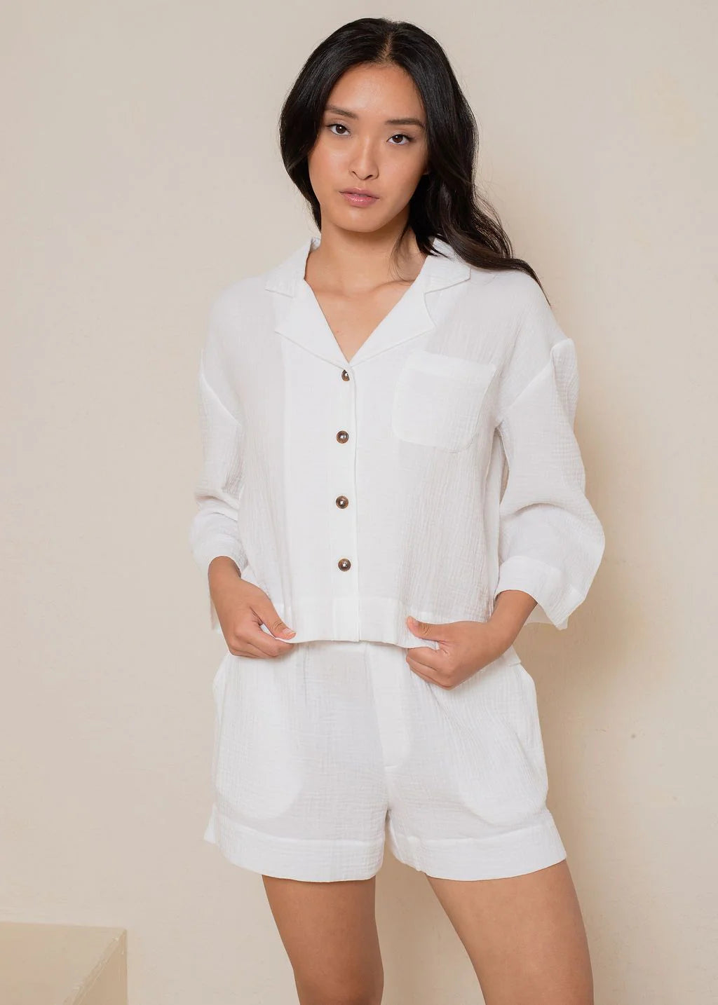 crinkled cotton gauze wide sleeve top