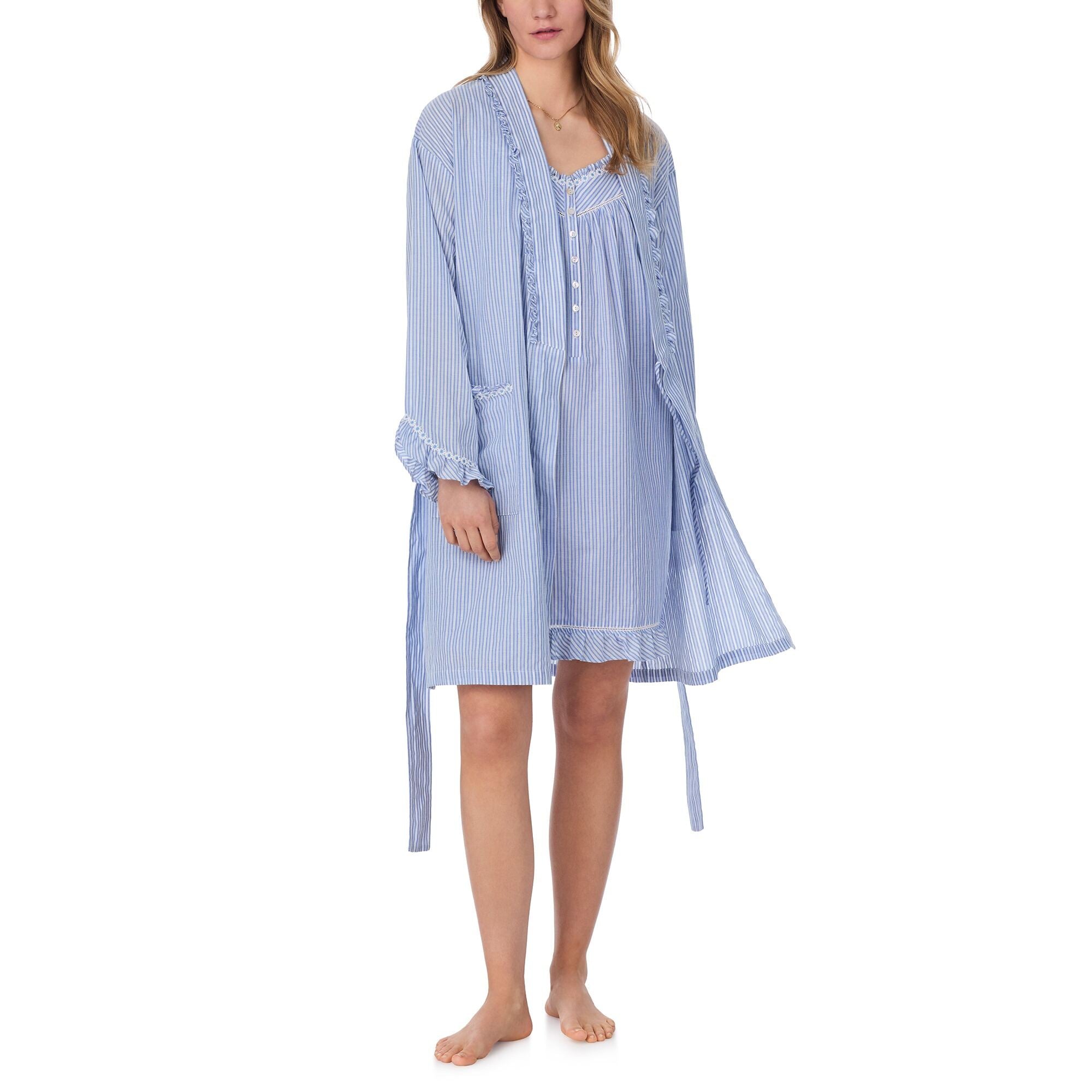 Eileen West 38" Iconic Blue Stripe Cotton Dobby Yarndye Wrap Robe