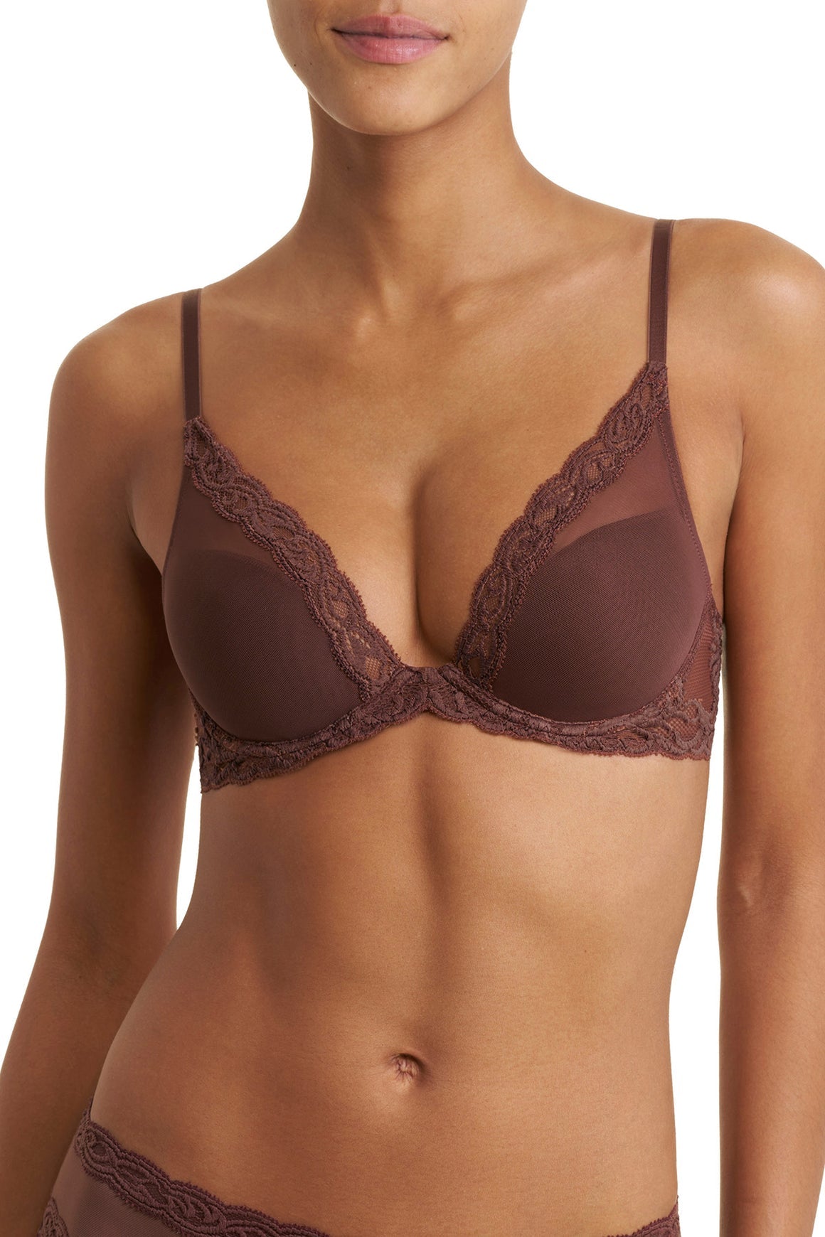 Natori Feathers Lace Contour Plunge Bra - Shaved Chocolate