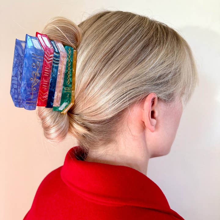 hand painted book stack claw hair clip