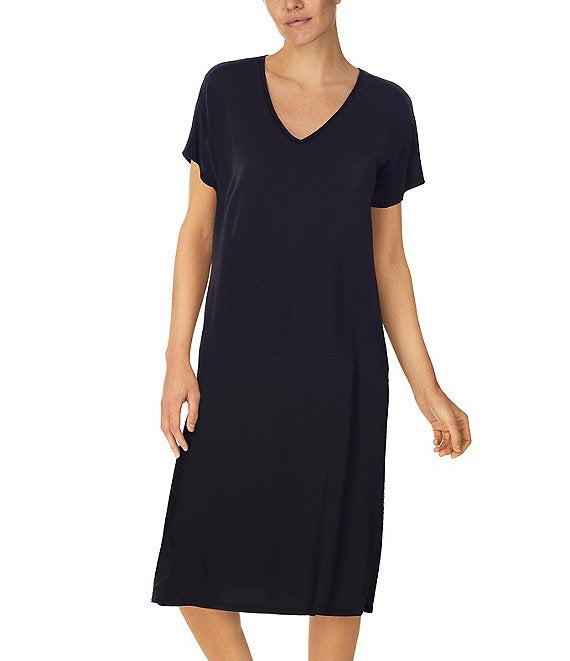Donna Karan Sleep Knit V-Neck S/S Slit Hem Long Nightgown