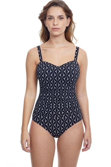 Profile by Gottex Supreme Black and White D-Cup Scoop Neck Shirred Underwire One Piece Swimsuit