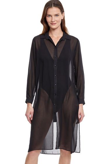 Gottex Essentials Splendid Black Long Buttoned Cover Up Blouse Dress