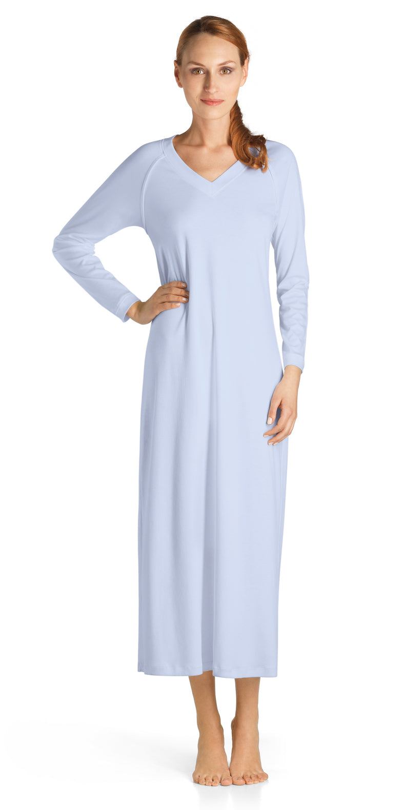 Hanro Pure Essence Long Sleeve Long Gown XS Blue Glow (1915490107457)