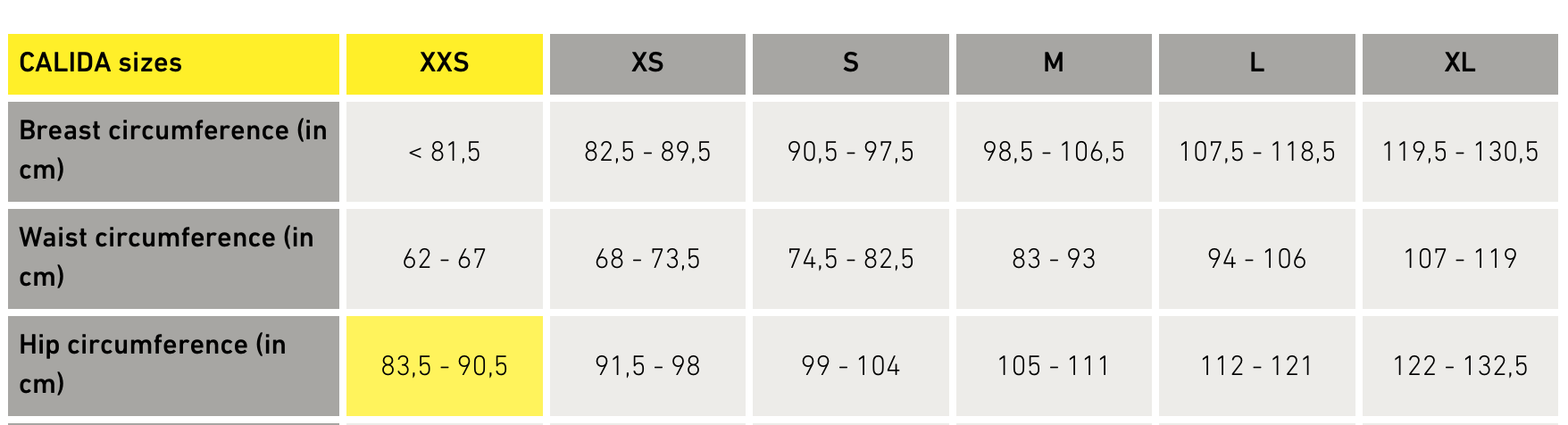 Size Chart Calida Lace Hi-Cut Brief
