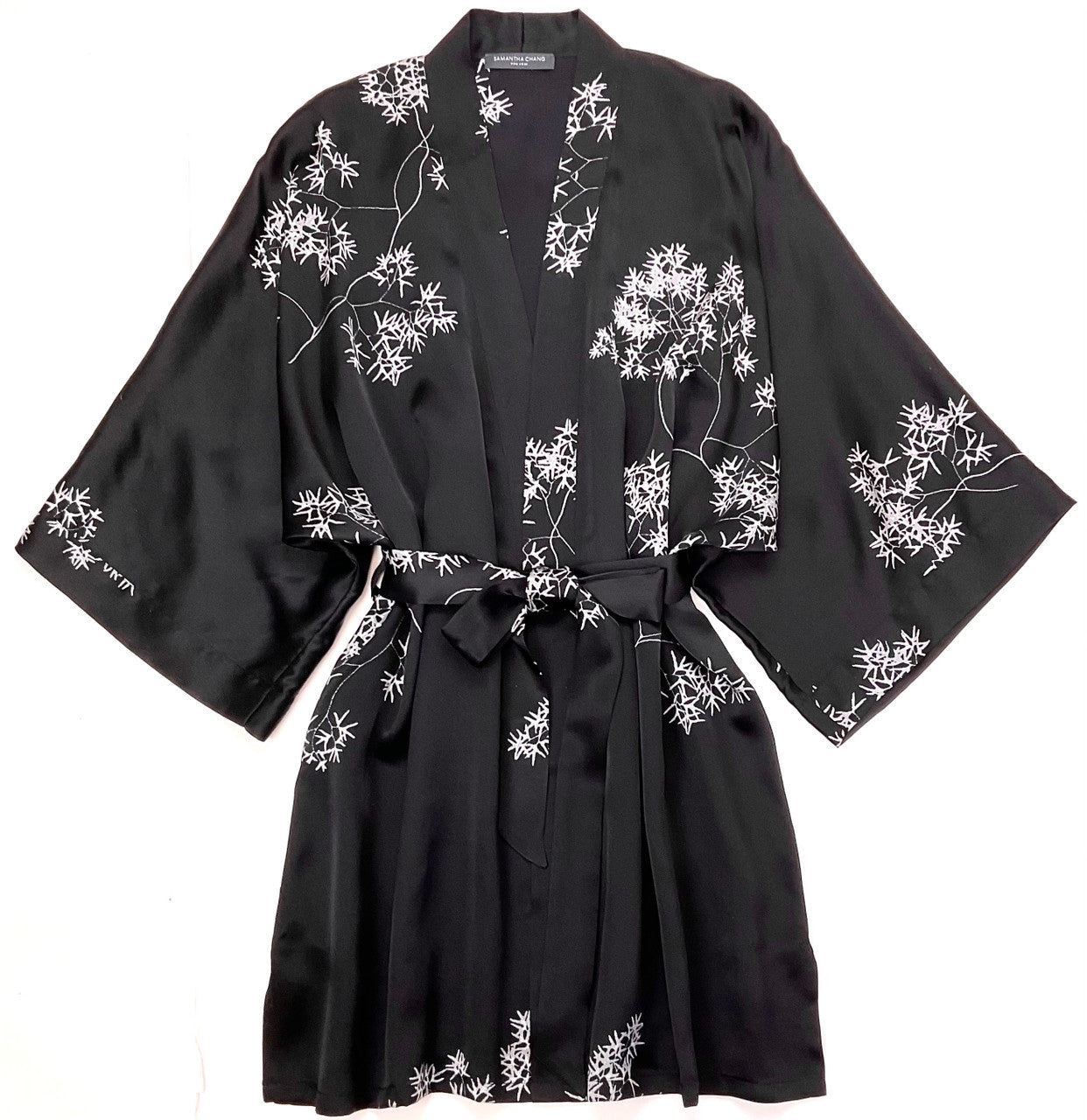 Classic Black Printed Silk Short Kimono One Size 